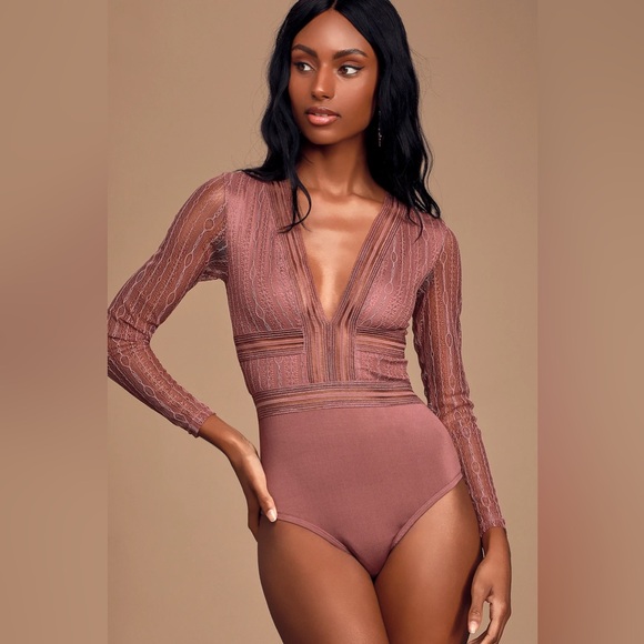 Lulus Casita Mauve Pink Sheer Lace Long Sleeve Bodysuit - Size S - Picture 3 of 6